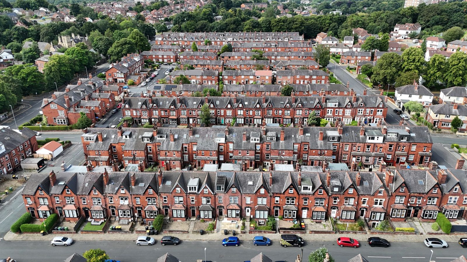 Aerial view of dense terraced housing